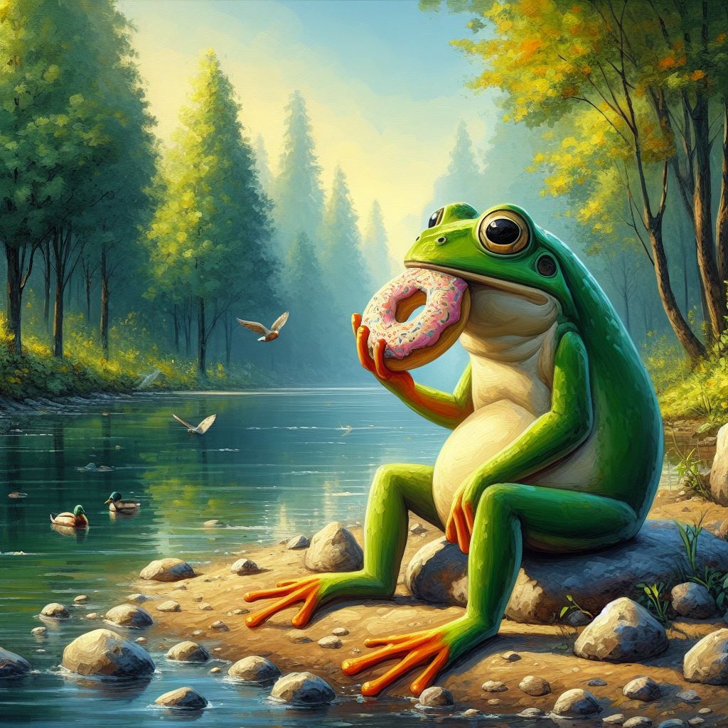 DALL-E 2 AI-generated reapistic images generated from natural-language: A Modern Painting of a Frog Eating a Donut while Sitting By A River